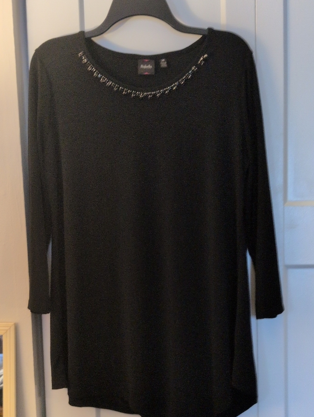 Rafaella Black Long-Sleeve Top with Beaded Neckline